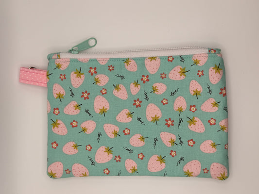 Pink strawberries on light blue background zipper wallet