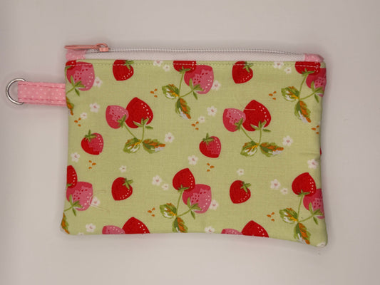 Strawberries and white flowers on green zipper wallet